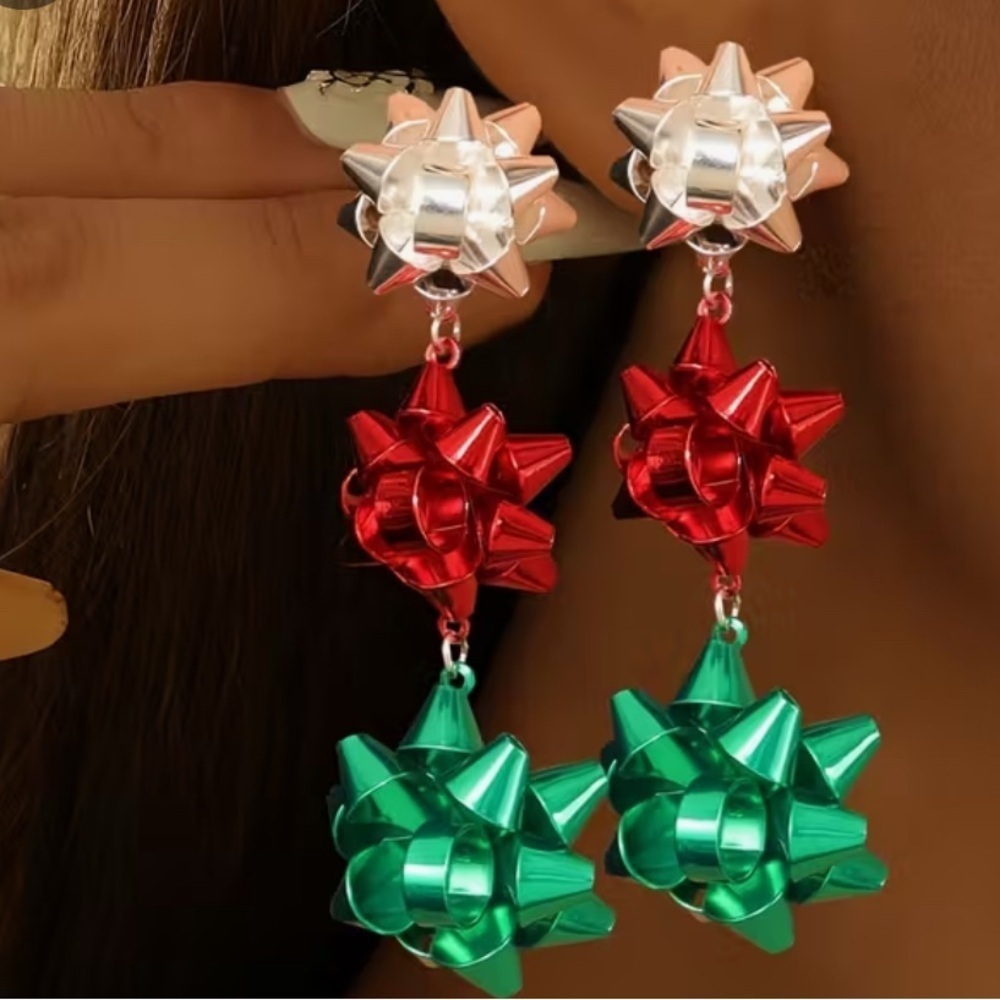Festive Red  Green & silver Bow Earrings
